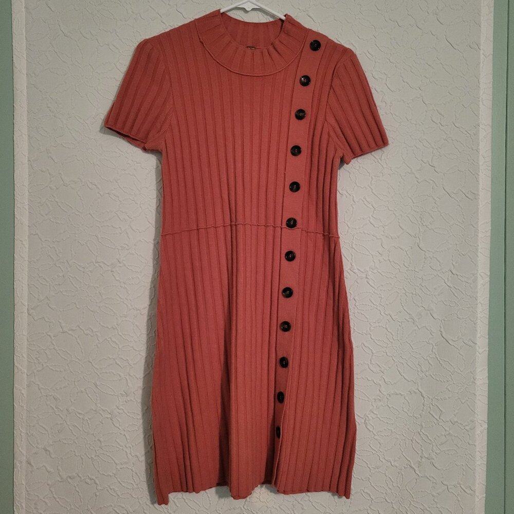 Free People Lottie Coral Ribbed Button Sweater Dress Women's Size Medium